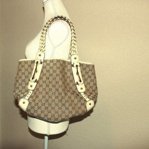 Gucci tan logo with ivory leather & metal accents